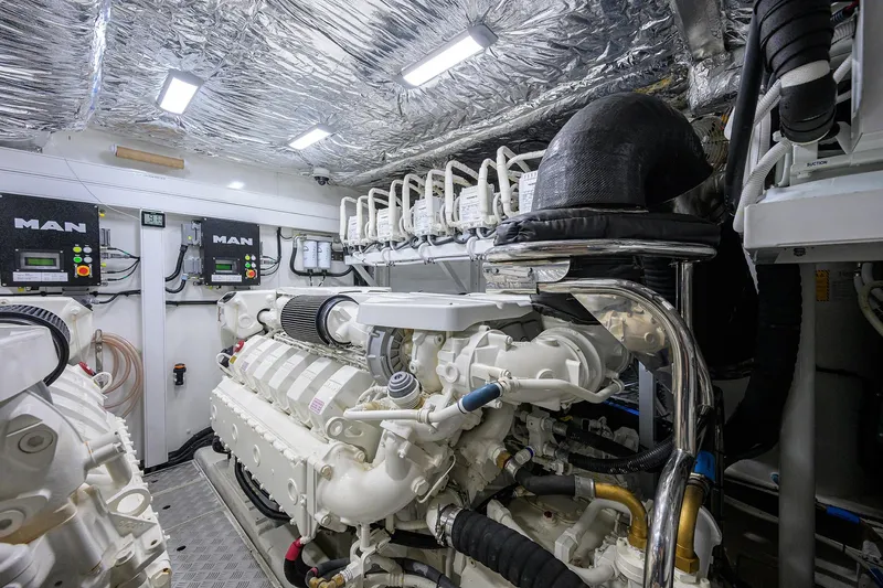 Miss Amy Yacht Photos Pics Engine room of 2020 Princess F70 yacht with MAN engines and advanced equipment.
