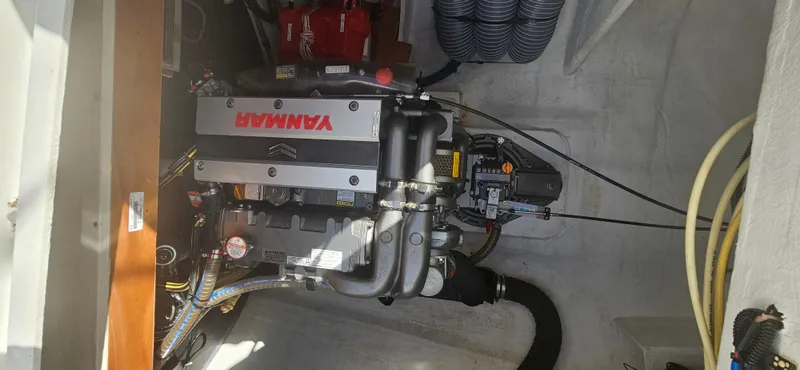  Yacht Photos Pics Engine compartment of a 2022 Lagoon 50 yacht featuring a Yanmar engine.
