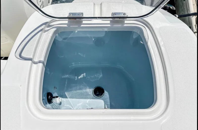  Yacht Photos Pics Livewell compartment on a 2019 Boston Whaler 345 Conquest boat, open lid view.