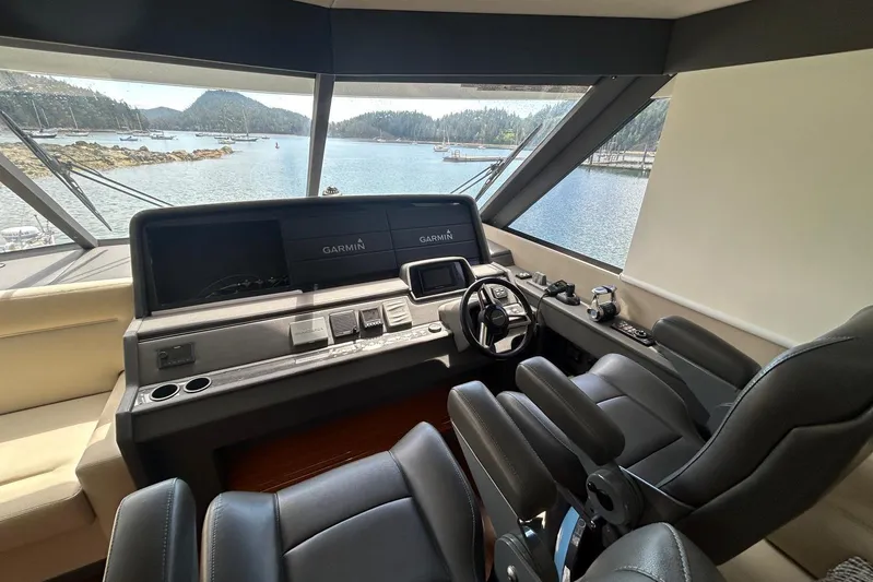  Yacht Photos Pics Luxurious 2020 Maritimo M64 yacht helm with panoramic water views and advanced navigation systems.
