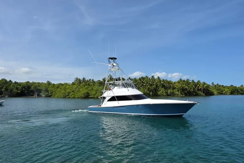  Yacht Photos Pics 2002 Viking 55 Convertible yacht cruising on tropical waters with lush greenery in the background.