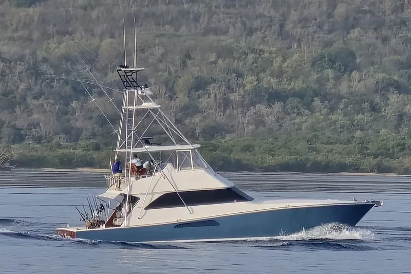 Yacht Photos Pics 2002 Viking 55 Convertible yacht cruising on calm waters near a forested shoreline.