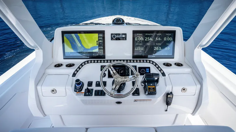  Yacht Photos Pics Helm of 2026 Intrepid 43 Nomad SE with advanced navigation displays and controls.