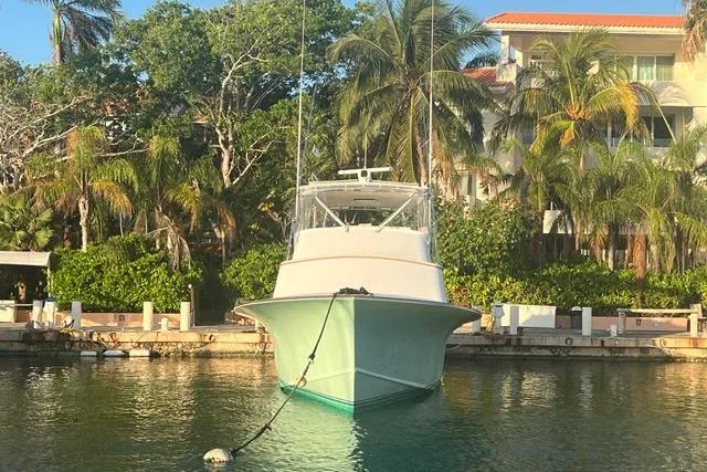 2008 Blackwell Custom Carolina 61 yacht docked near tropical palm trees.