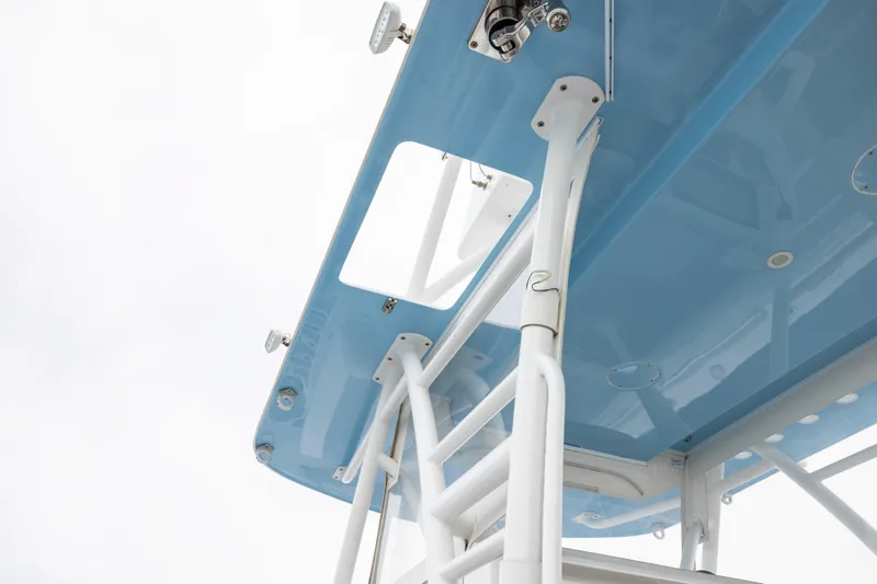  Yacht Photos Pics 2020 Invincible 40 Catamaran, blue canopy and white ladder detail against cloudy sky.