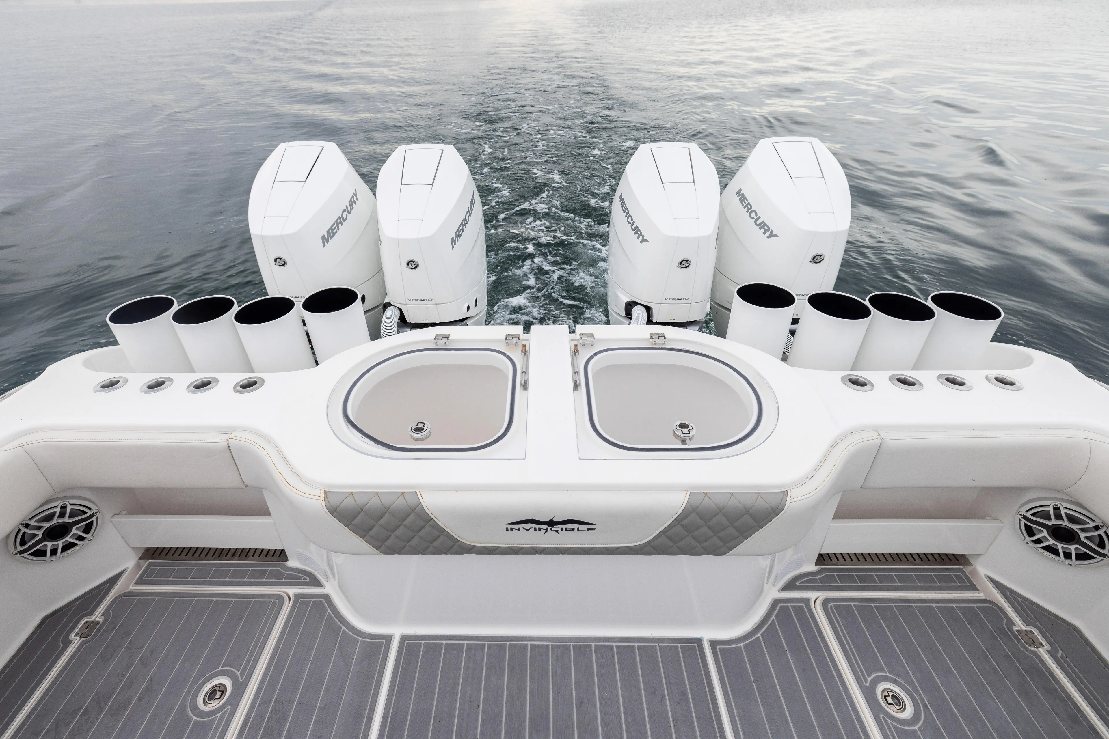  Yacht Photos Pics 2020 Invincible 40 Catamaran with Mercury engines, featuring dual sinks and rod holders.