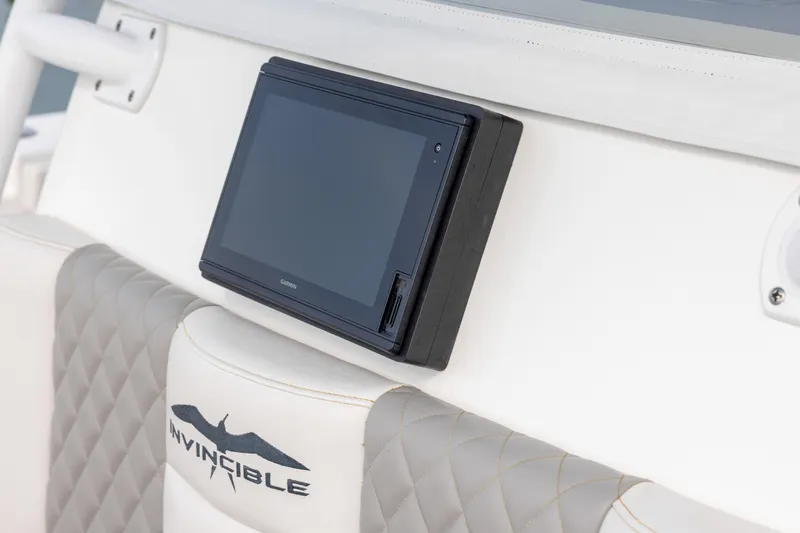  Yacht Photos Pics Dashboard of 2020 Invincible 40 Catamaran with Garmin display and quilted seating.