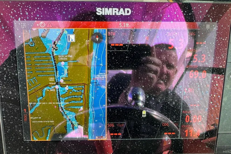  Yacht Photos Pics Simrad navigation display on 2021 Robalo R317 Dual Console, showing Biscayne Creek map.