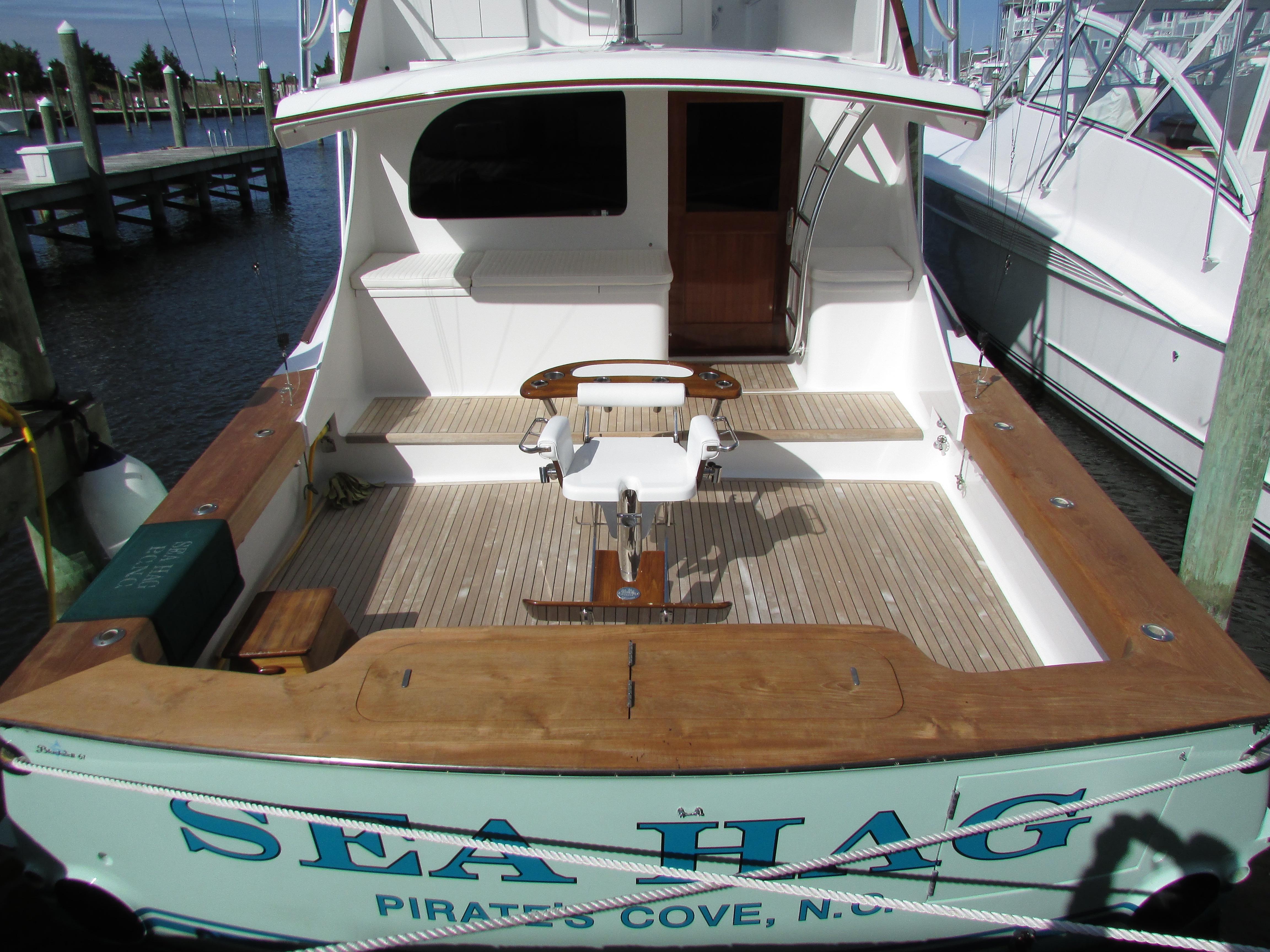 Rear view of 2007 Blackwell Custom Carolina 61 yacht at dock.