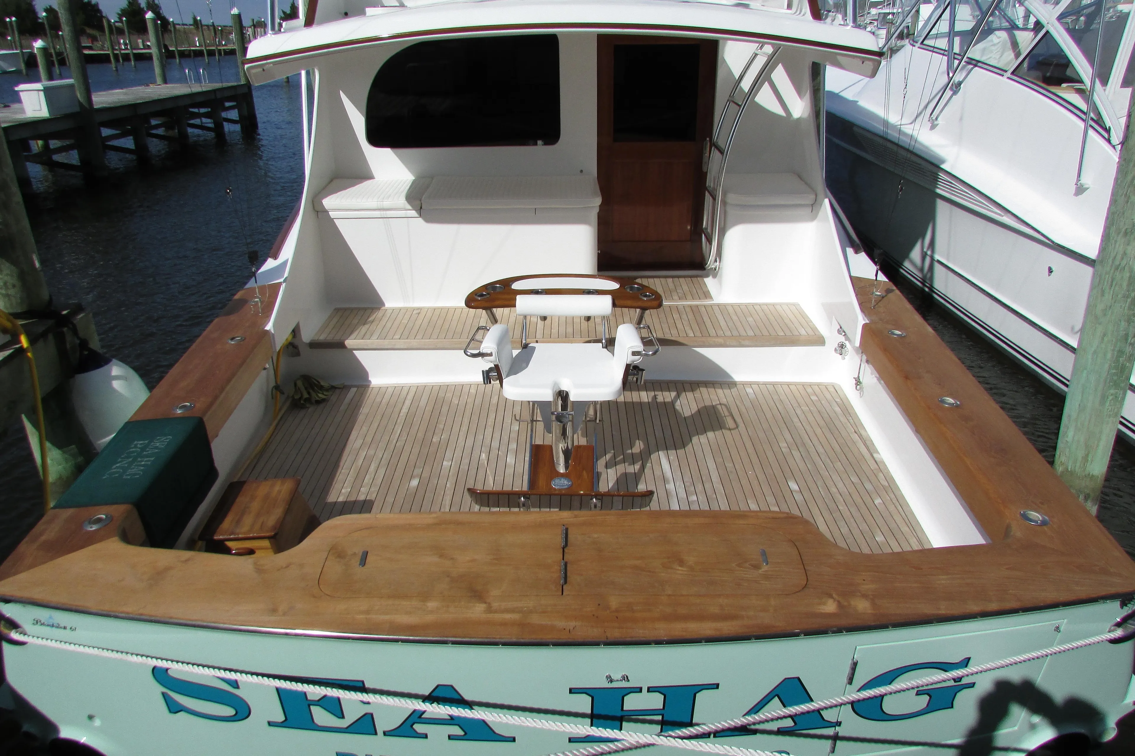 Rear view of 2007 Blackwell Custom Carolina 61 yacht at dock.
