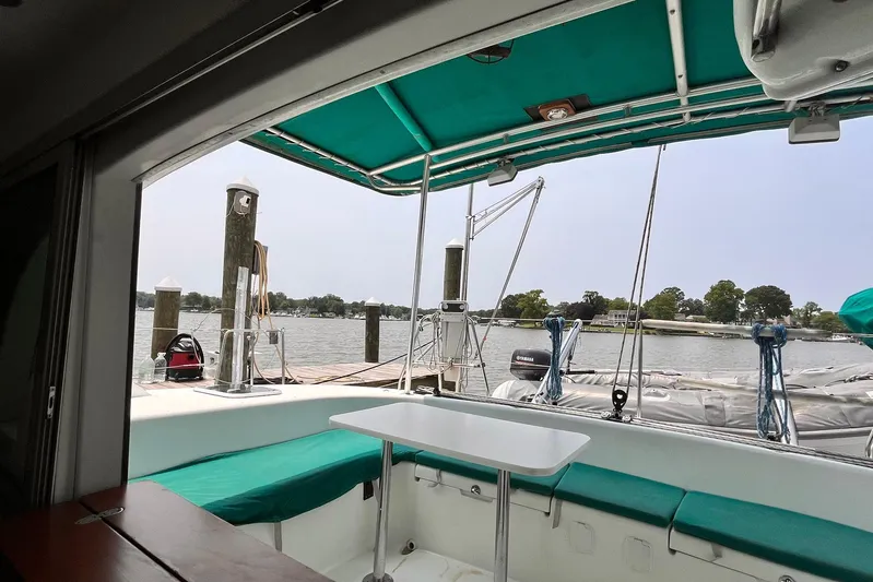 Wayward Sun Yacht Photos Pics Lagoon 380 catamaran interior with green canopy, docked by a serene waterfront.