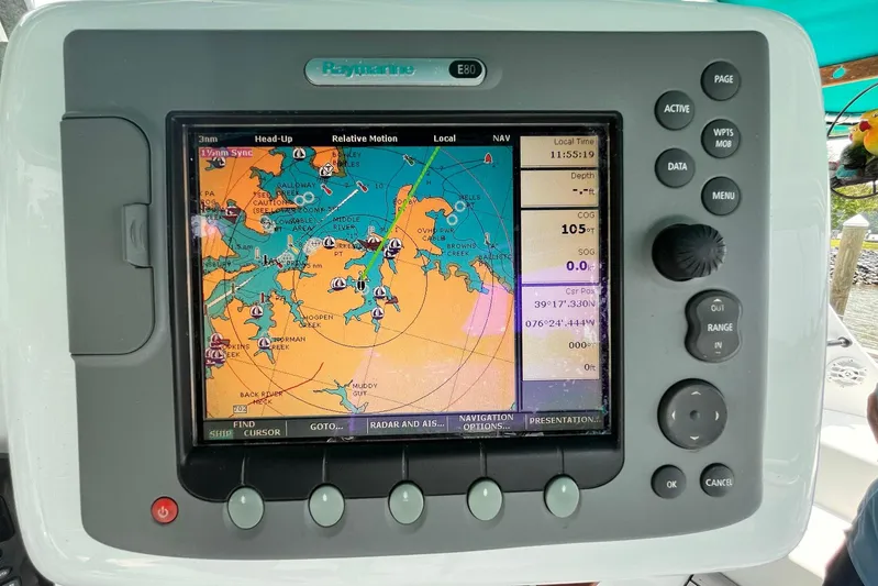 Wayward Sun Yacht Photos Pics Raymarine E80 navigation display on Lagoon 380, 2000 model, showing nautical chart.