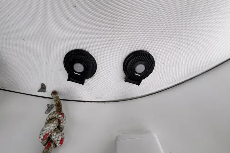 Wayward Sun Yacht Photos Pics Interior view of a 2000 Lagoon 380 boat showing speakers and a rope.