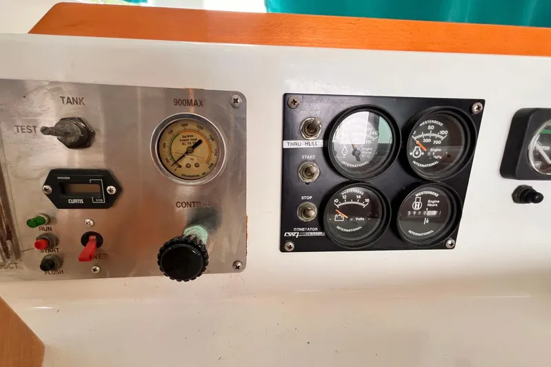 Wayward Sun Yacht Photos Pics Control panel of a 2000 Lagoon 380 catamaran with gauges and switches.