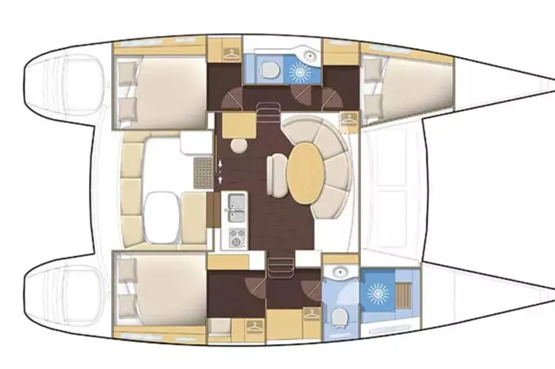 Wayward Sun Yacht Photos Pics Floor plan of a 2000 Lagoon 380 catamaran, featuring cabins, bathrooms, and a central living area.