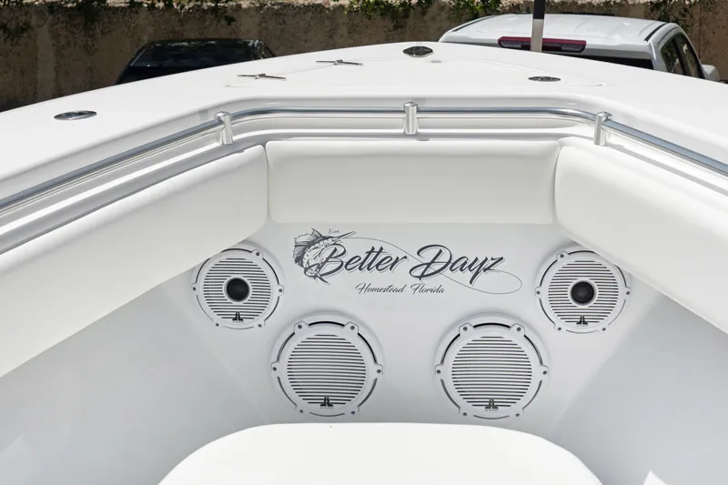  Yacht Photos Pics 2024 Contender 35 ST boat interior with "Better Dayz" logo and multiple speakers.