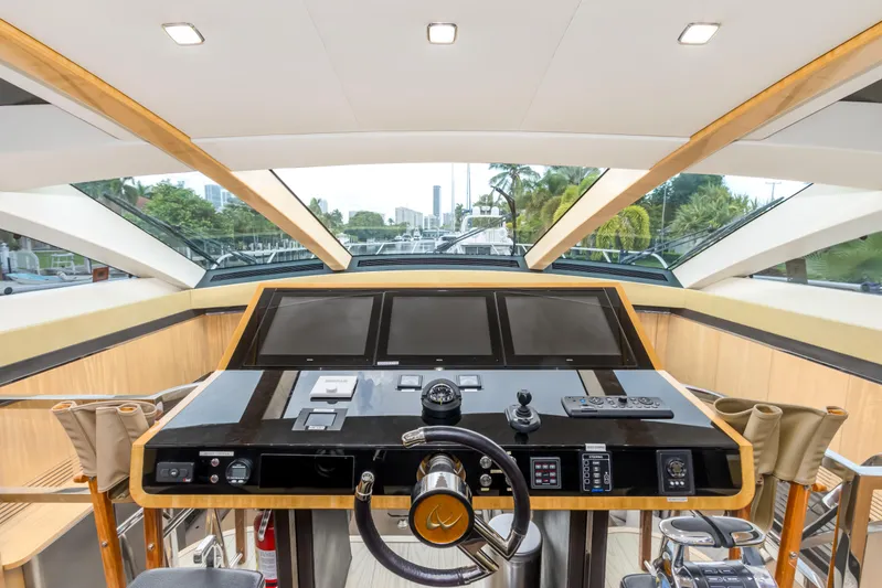 Bikinis Optional Yacht Photos Pics Helm of 2012 Cheoy Lee 76 Alpha yacht with modern navigation equipment and panoramic windows.