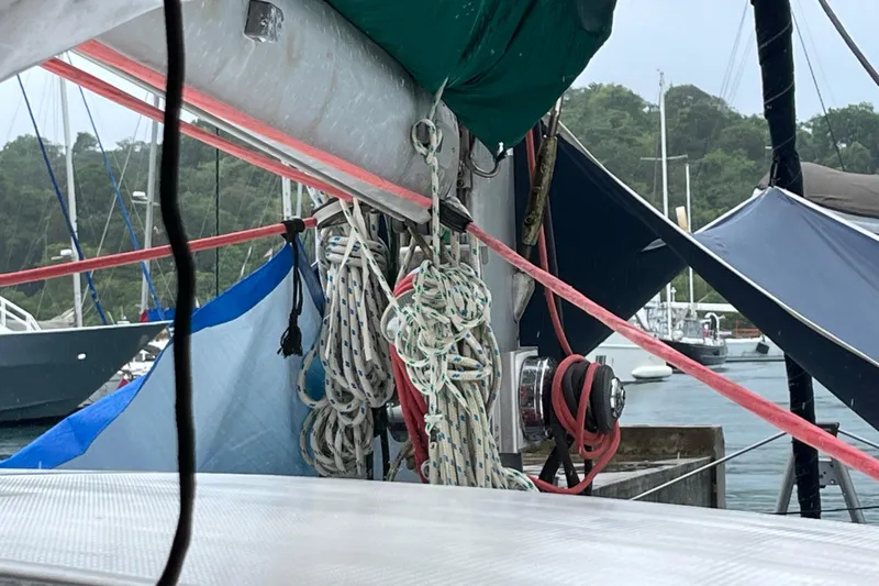 Nikita 1 Yacht Photos Pics Sailing ropes and equipment on a 2004 Fountaine Pajot Bahia 46 catamaran in a marina.