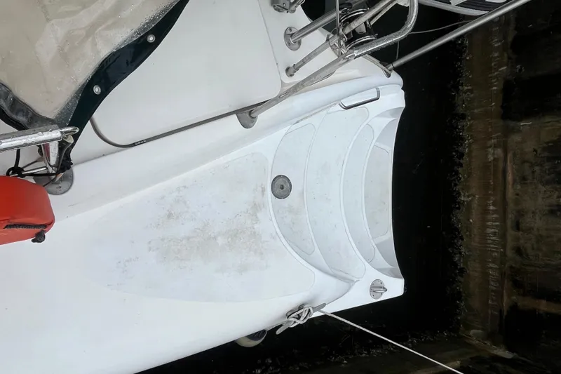 Nikita 1 Yacht Photos Pics 2004 Fountaine Pajot Bahia 46 catamaran deck with safety equipment and railing.