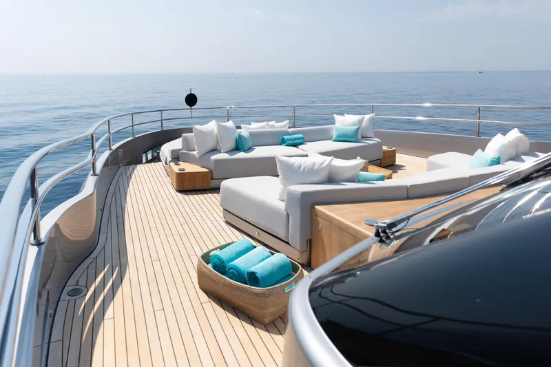 Palmax Yacht Photos Pics Luxurious 2022 Azimut Magellano 30M yacht deck with elegant seating and ocean view.