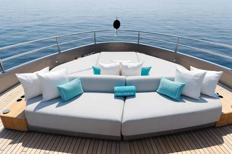Palmax Yacht Photos Pics Luxurious deck seating on 2022 Azimut Magellano 30M yacht with ocean view.