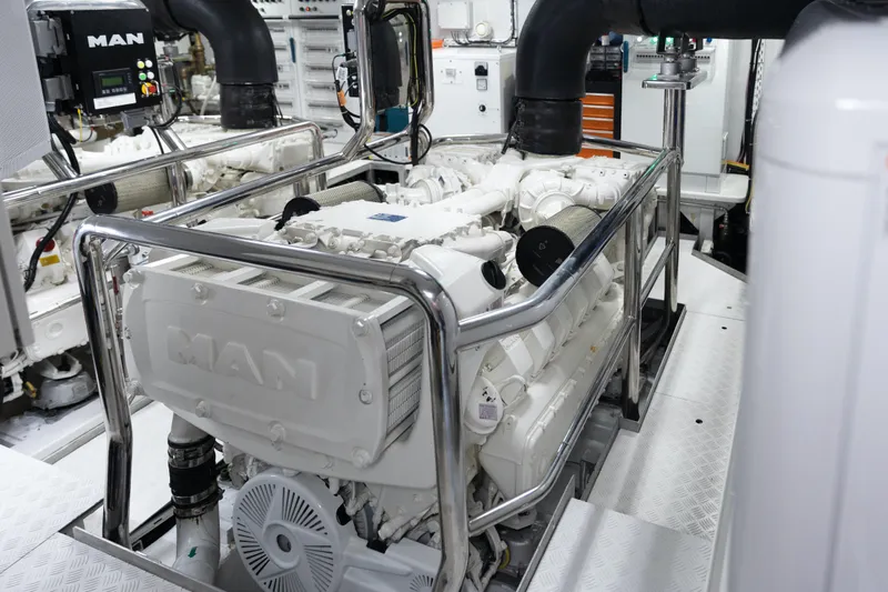Palmax Yacht Photos Pics Engine room of 2022 Azimut Magellano 30M yacht featuring MAN engine.