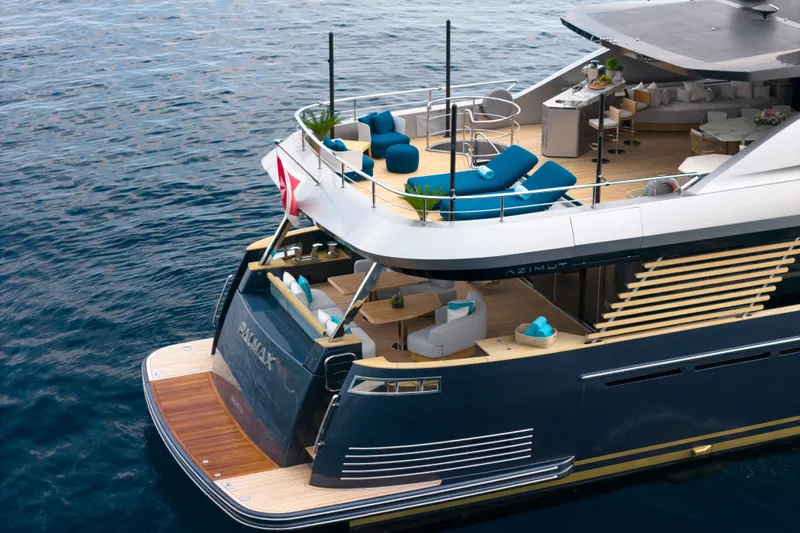 Palmax Yacht Photos Pics Luxurious 2022 Azimut Magellano 30M yacht with elegant deck and seating area on the water.