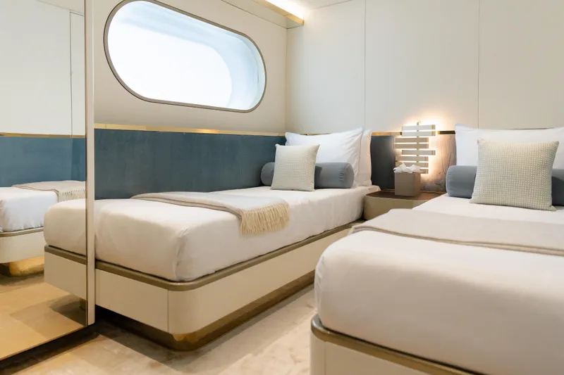 Palmax Yacht Photos Pics Luxurious twin cabin interior on 2022 Azimut Magellano 30M yacht.