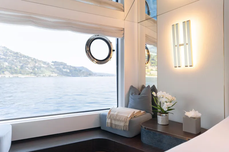 Palmax Yacht Photos Pics Luxurious interior of 2022 Azimut Magellano 30M yacht with scenic ocean view.