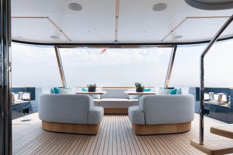 Palmax Yacht Photos Pics Luxurious Azimut Magellano 30M yacht deck with elegant seating, 2022 model.