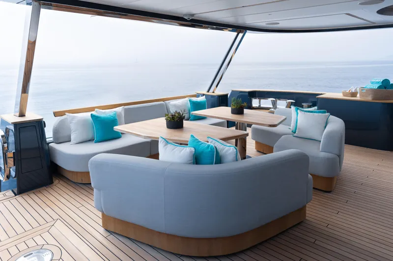 Palmax Yacht Photos Pics Luxurious Azimut Magellano 30M yacht deck with elegant seating, ocean view, 2022 model.