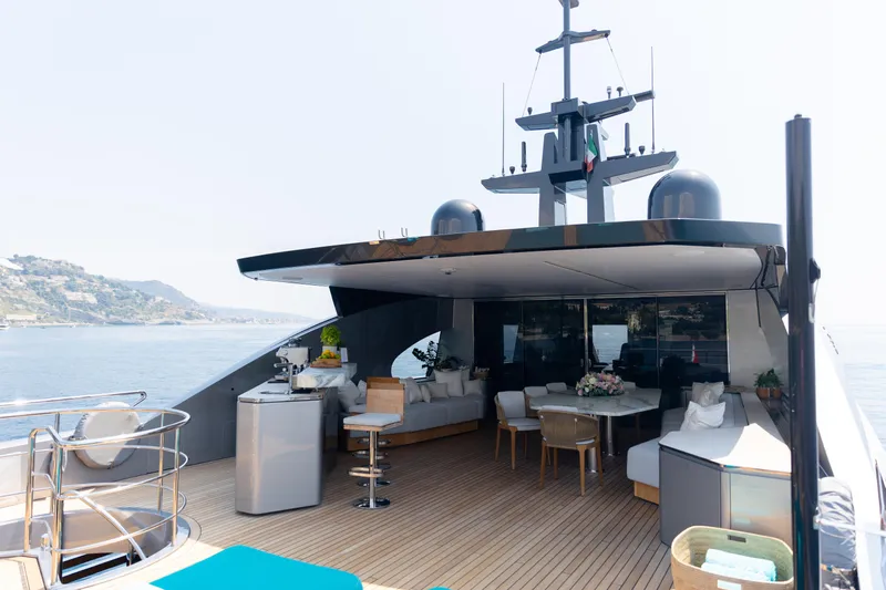Palmax Yacht Photos Pics Luxurious 2022 Azimut Magellano 30M yacht deck with elegant seating and ocean view.