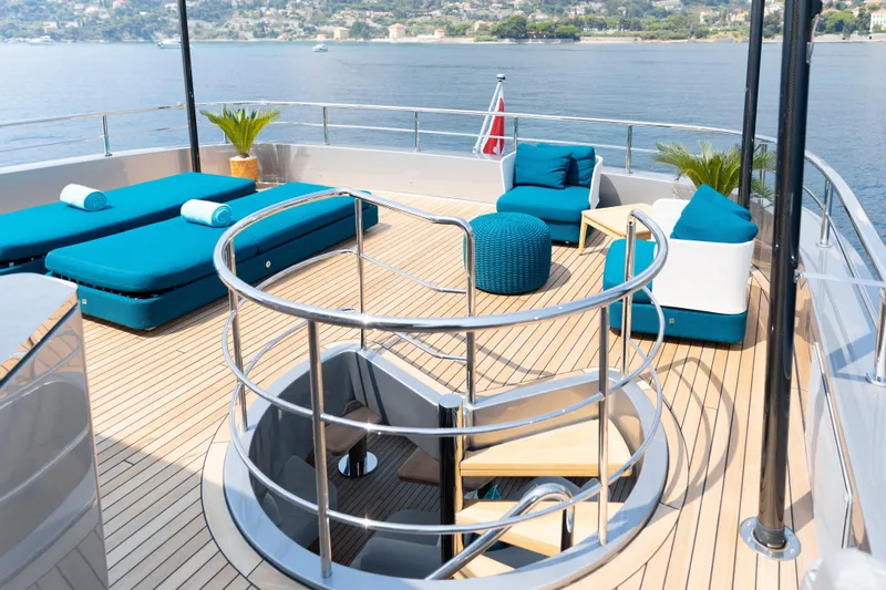 Palmax Yacht Photos Pics Luxurious deck of 2022 Azimut Magellano 30M yacht with stylish seating and ocean view.