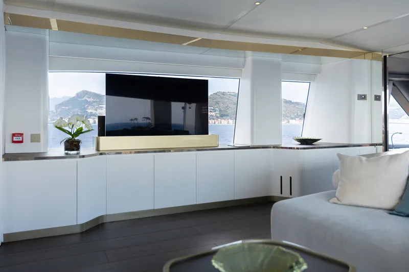 Palmax Yacht Photos Pics Luxurious interior of 2022 Azimut Magellano 30M yacht with modern decor and scenic views.