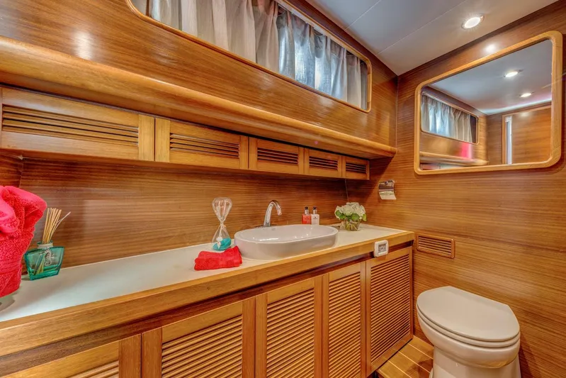  Yacht Photos Pics Luxurious wooden bathroom interior of 2025 Norseman 45 FreeOcean yacht.