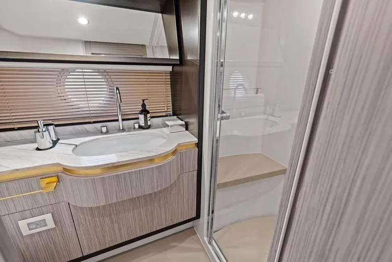 Mi Boat Yacht Photos Pics Luxurious Azimut yacht bathroom with modern sink, mirror, and shower, 2019 model.