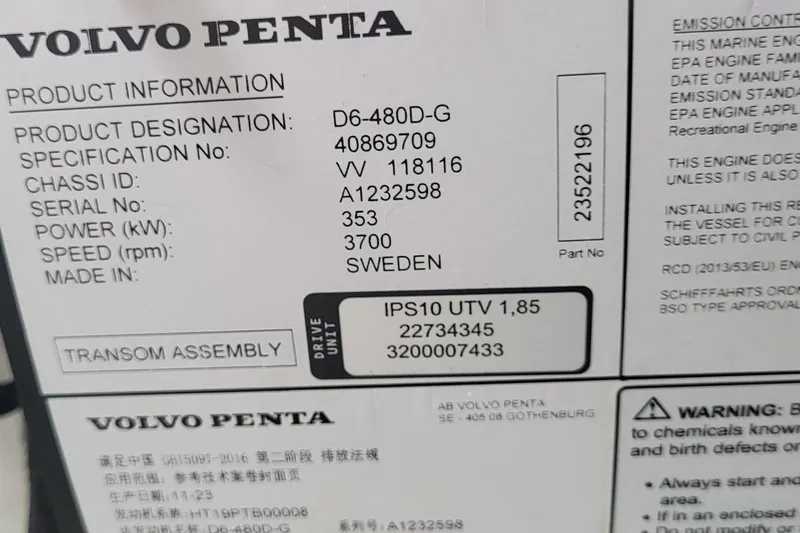  Yacht Photos Pics Label of Volvo Penta engine for 2024 Fountaine Pajot MY6, showing specifications and warnings.