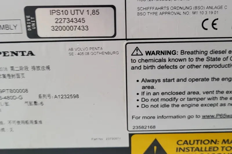  Yacht Photos Pics Warning label on Volvo Penta engine for 2024 Fountaine Pajot MY6 boat.