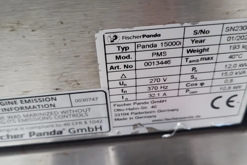  Yacht Photos Pics Fountaine Pajot MY6 2024 engine label, Fischer Panda generator specifications.