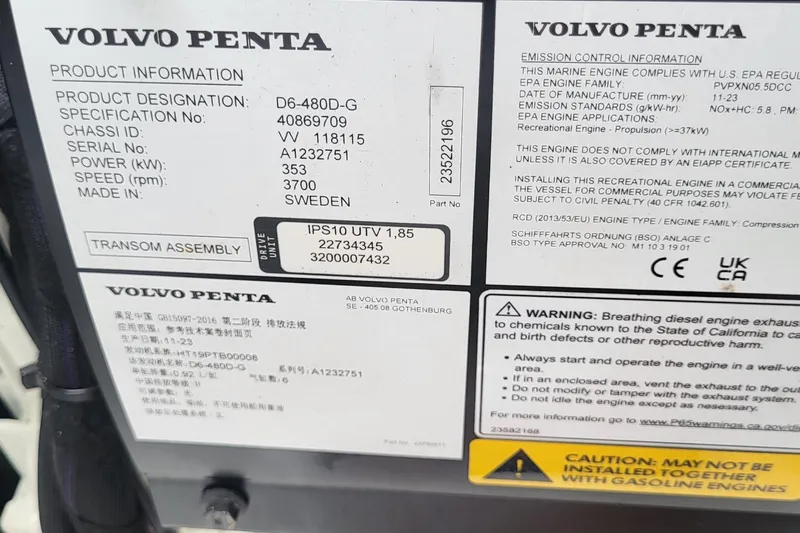  Yacht Photos Pics Volvo Penta engine label on 2024 Fountaine Pajot MY6, detailing specifications and warnings.