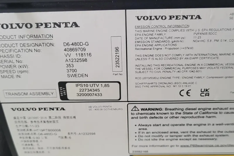  Yacht Photos Pics Volvo Penta engine label on 2024 Fountaine Pajot MY6, detailing specifications and compliance information.