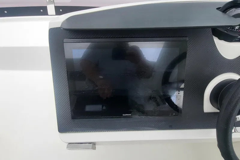  Yacht Photos Pics 2024 Fountaine Pajot MY6 helm with Garmin display and steering wheel.