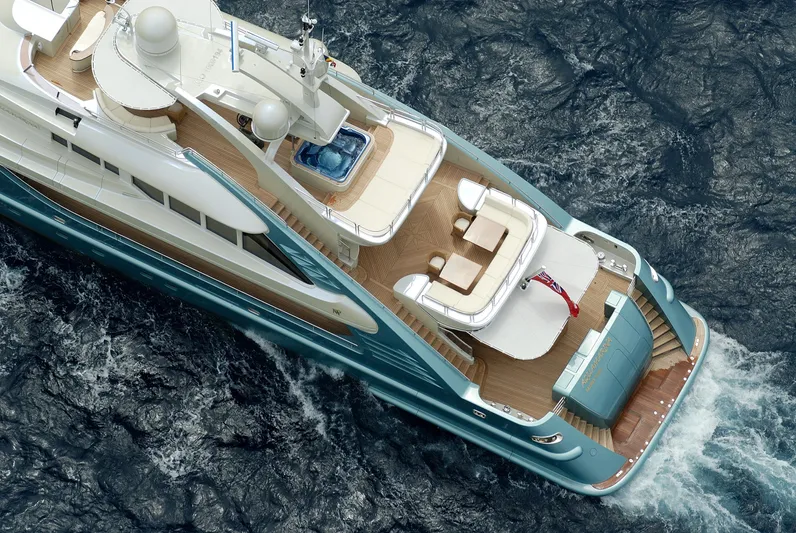 Aquamarina Yacht Photos Pics Luxurious 2007 ISA Isa 470 yacht cruising on open sea, aerial view.