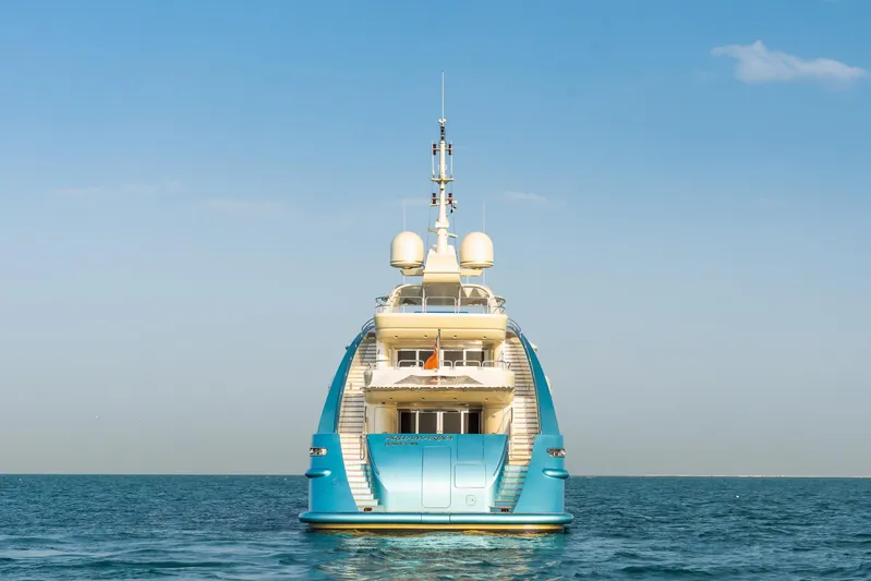 Aquamarina Yacht Photos Pics Luxury yacht ISA 470, 2007 model, on open sea under clear blue sky.