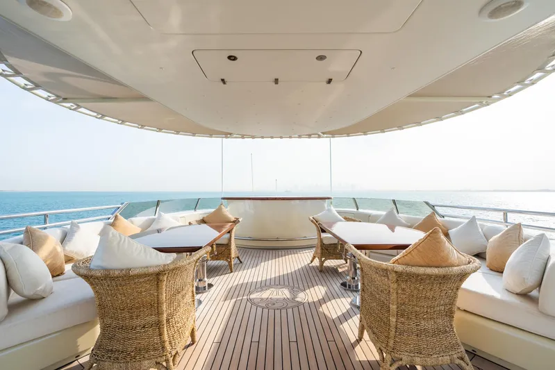 Aquamarina Yacht Photos Pics Luxurious deck of 2007 ISA Isa 470 yacht with wicker chairs and ocean view.