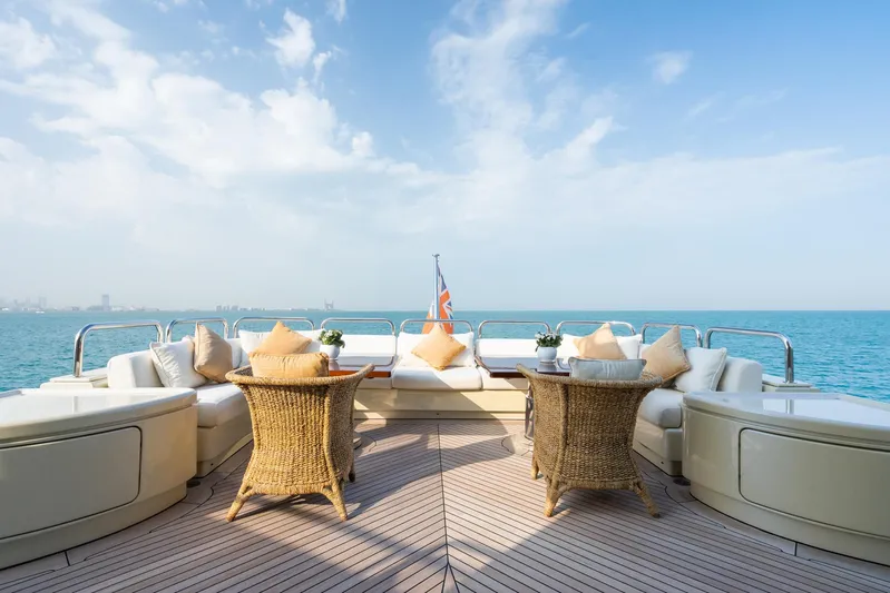 Aquamarina Yacht Photos Pics Luxury yacht deck with wicker chairs, ocean view; ISA 470, 2007 model.