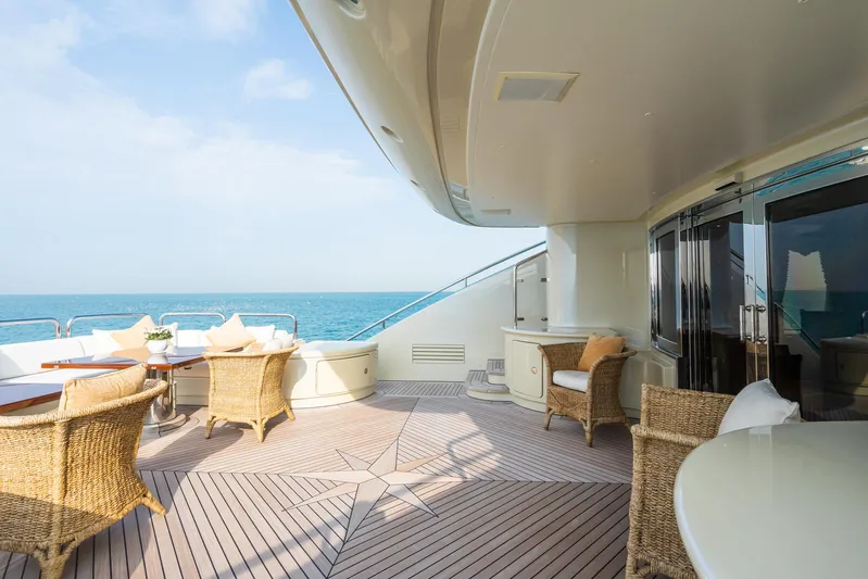Aquamarina Yacht Photos Pics Luxurious deck of 2007 ISA Isa 470 yacht with ocean view and wicker furniture.