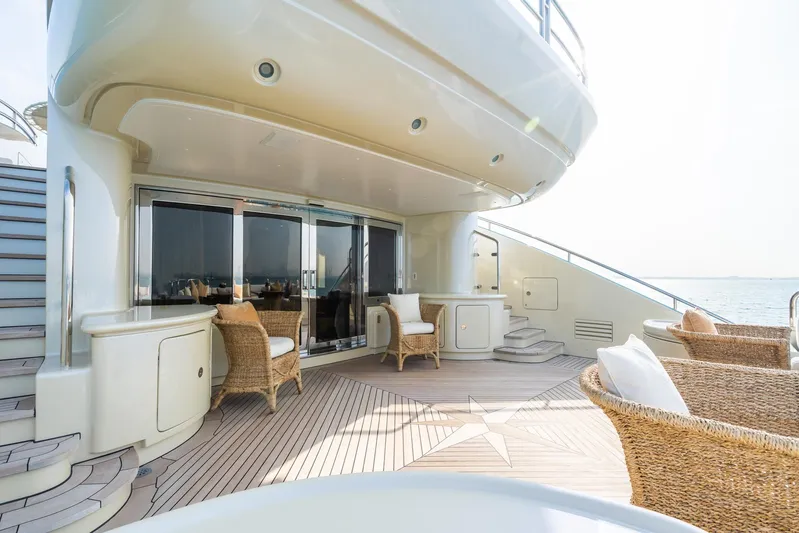 Aquamarina Yacht Photos Pics Luxurious deck of 2007 ISA Isa 470 yacht with wicker chairs and ocean view.