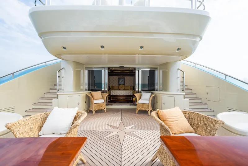 Aquamarina Yacht Photos Pics Luxurious 2007 ISA Isa 470 yacht deck with wicker chairs and wooden tables.