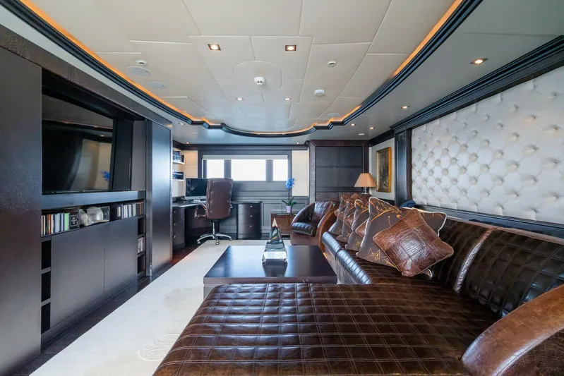 Aquamarina Yacht Photos Pics Luxurious interior of 2007 ISA Isa 470 yacht with leather seating and modern decor.